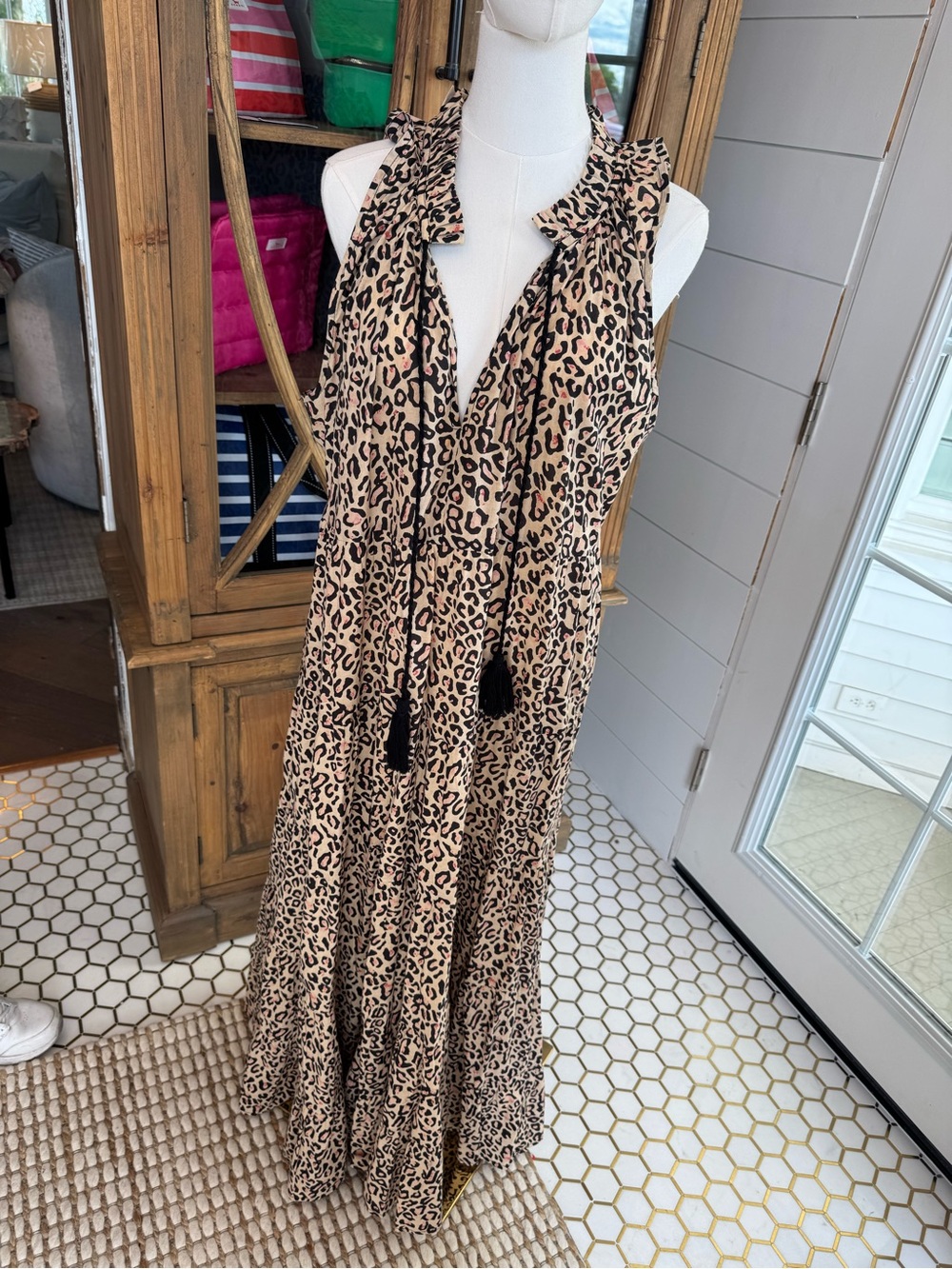 Mud Pie Leopard Print Maxi Dress in Beige and Black with Tassel Tie